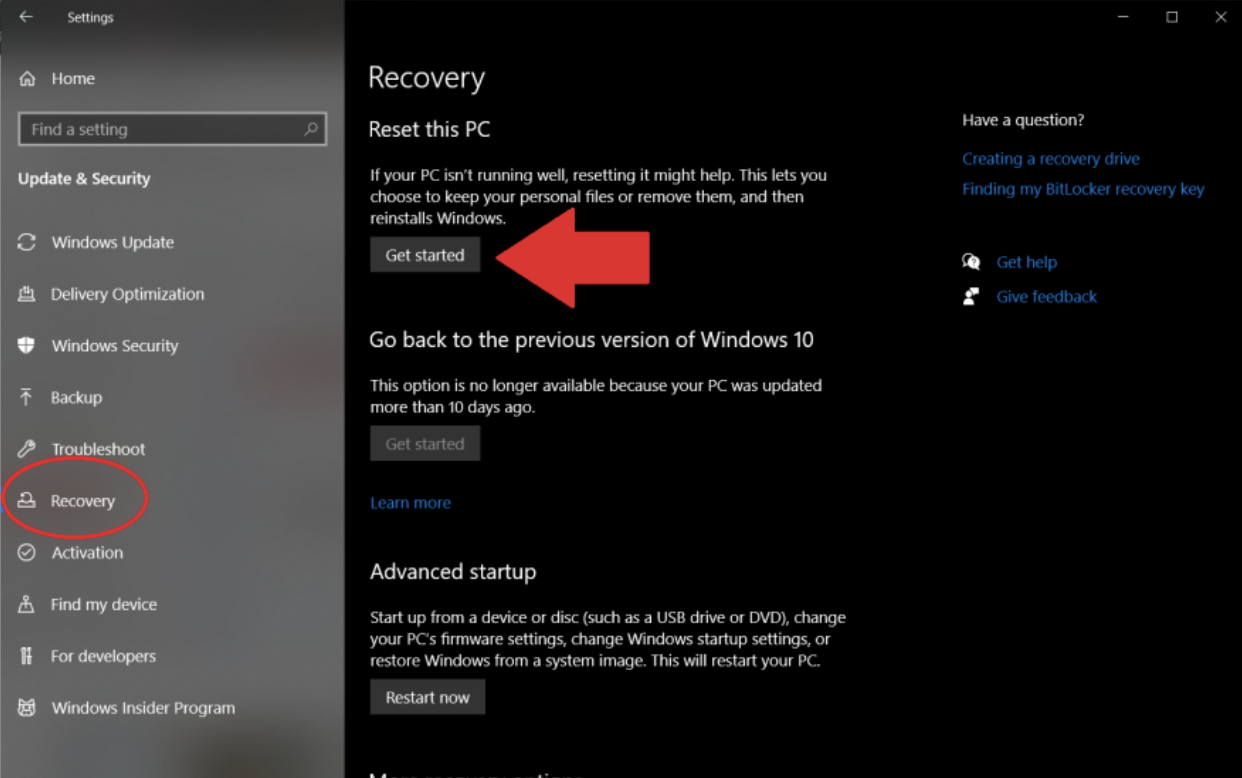 Go to Recovery and select Reset this PC